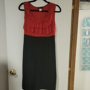 Sleeveless Red Ruffle-Front Midi Dress with Black Skirt